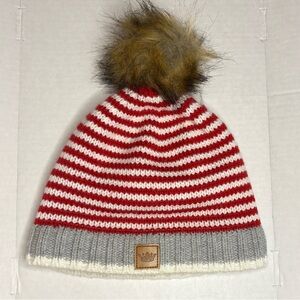 Panache Red & White Striped Women’s Pom Beanie with Gray Trim